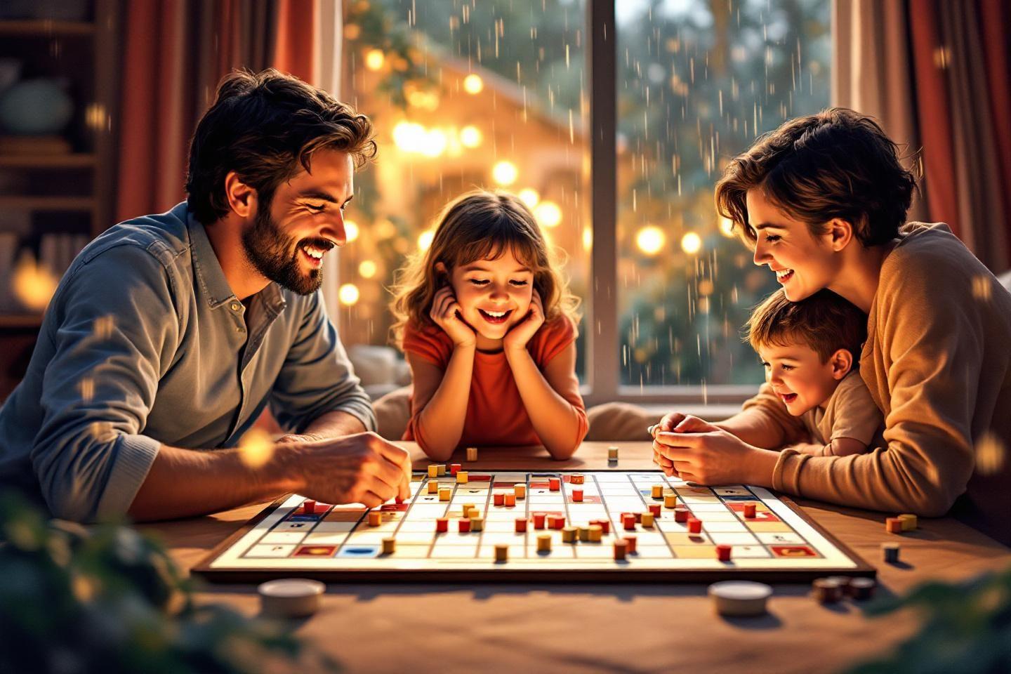 Parents et enfants souriants autour d'un jeu de société