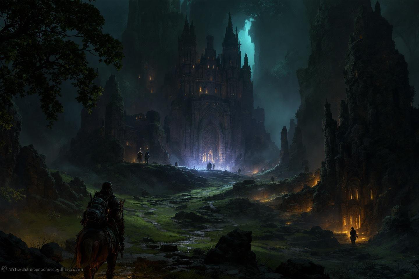 Paysage sombre avec château gothique et silhouettes spectrales