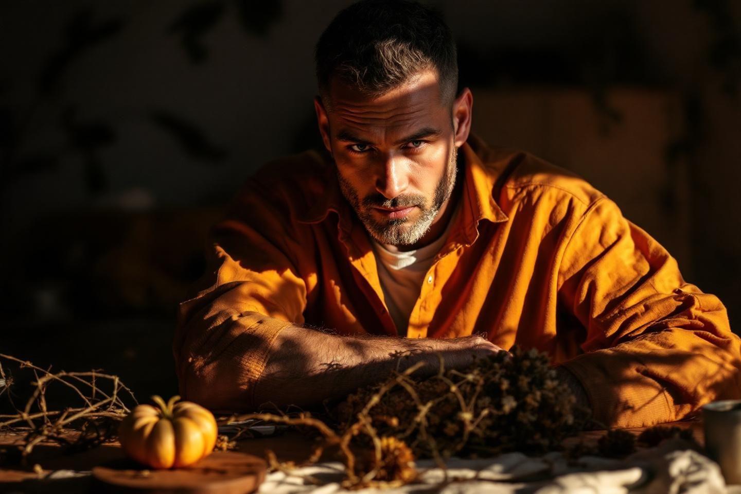Homme en chemise orange avec citrouille et nature morte