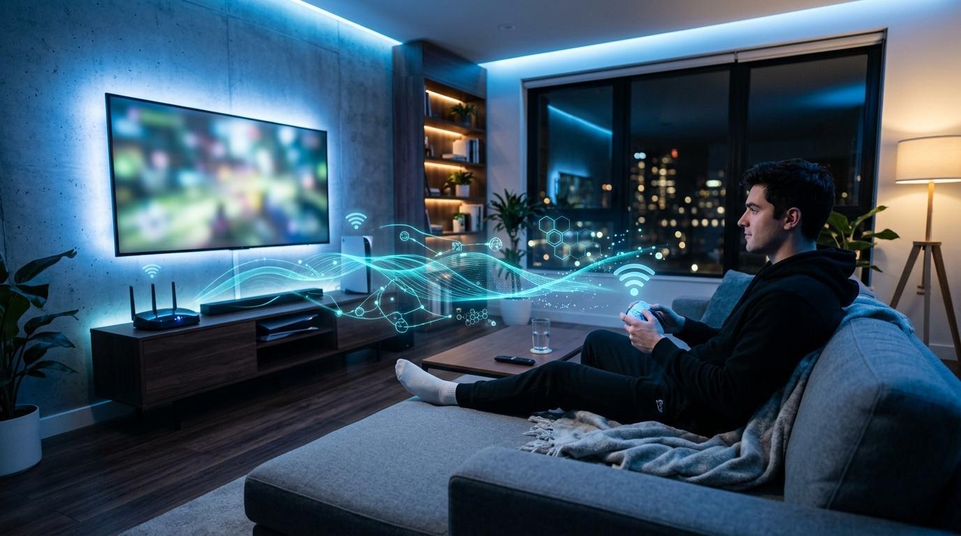 Homme sur canapé regardant écran avec symboles technologiques numériques