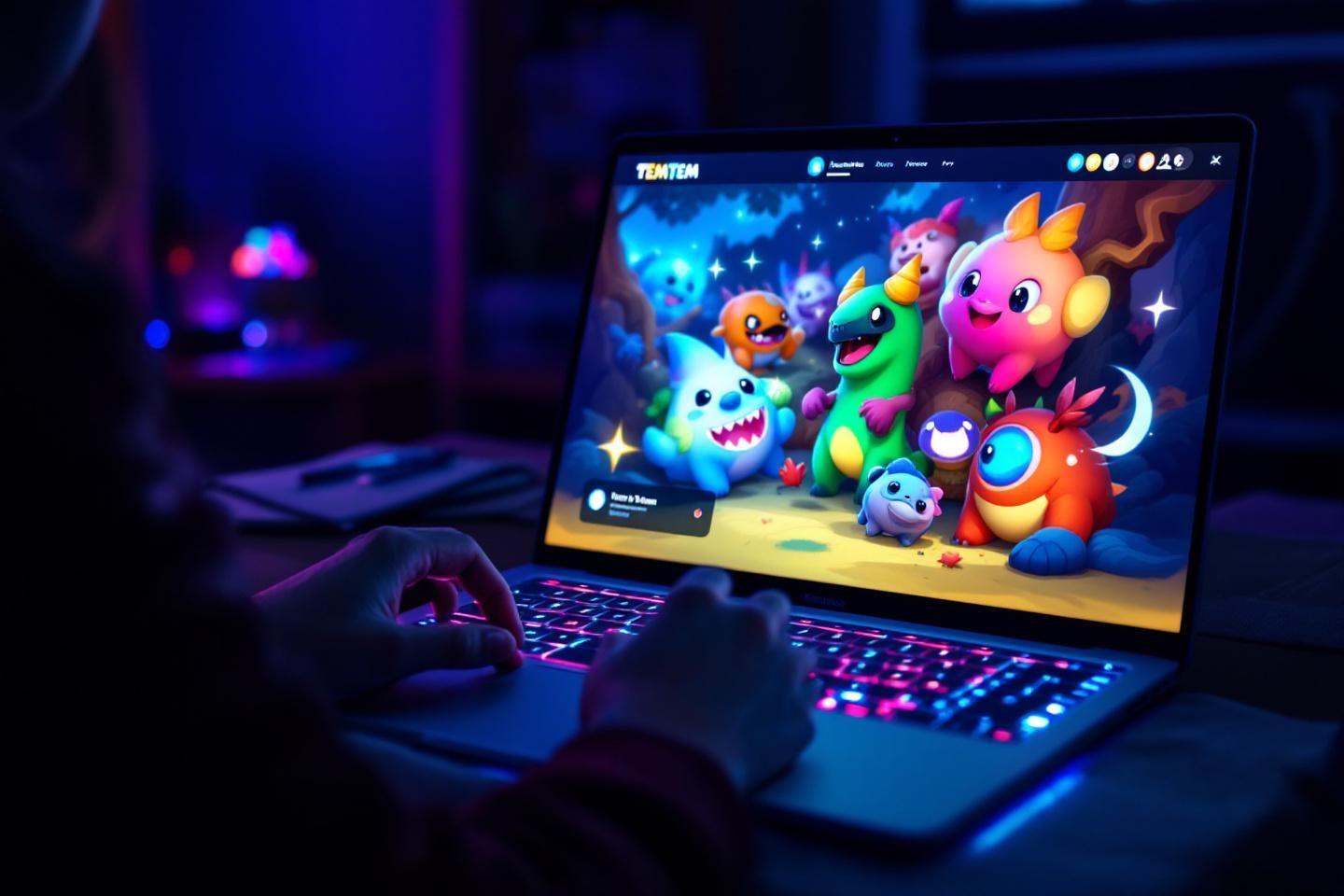 Ordinateur portable montrant des personnages mignons de jeu vid&eacute;o