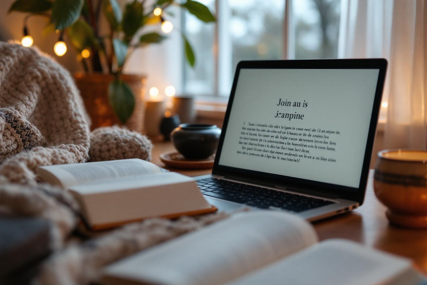 Livre et ordinateur portable pr&egrave;s d'une fen&ecirc;tre avec des bougies