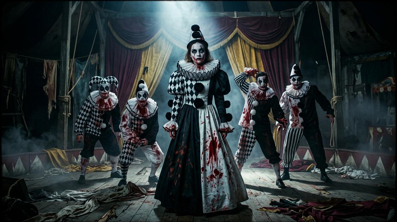 Clowns maquillés sinistres dans un chapiteau de cirque abandonné
