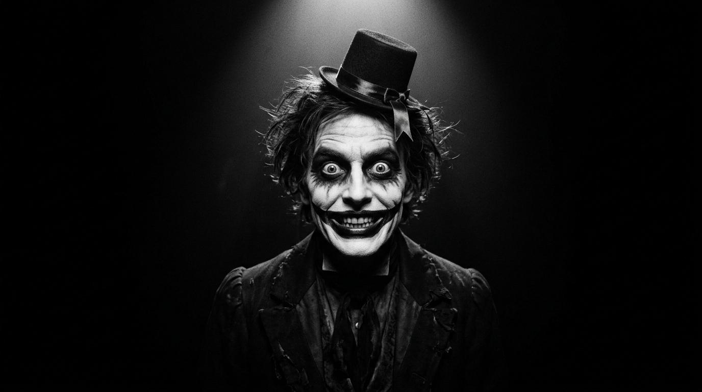 Portrait en noir et blanc d'un clown maquillé portant un haut-de-forme
