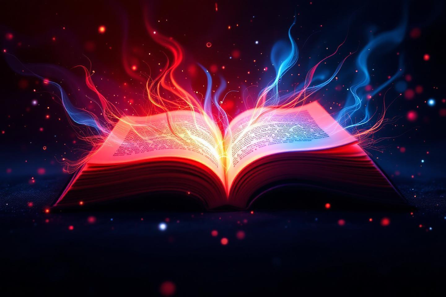 Livre ouvert avec des flammes bleues et rouges magiques