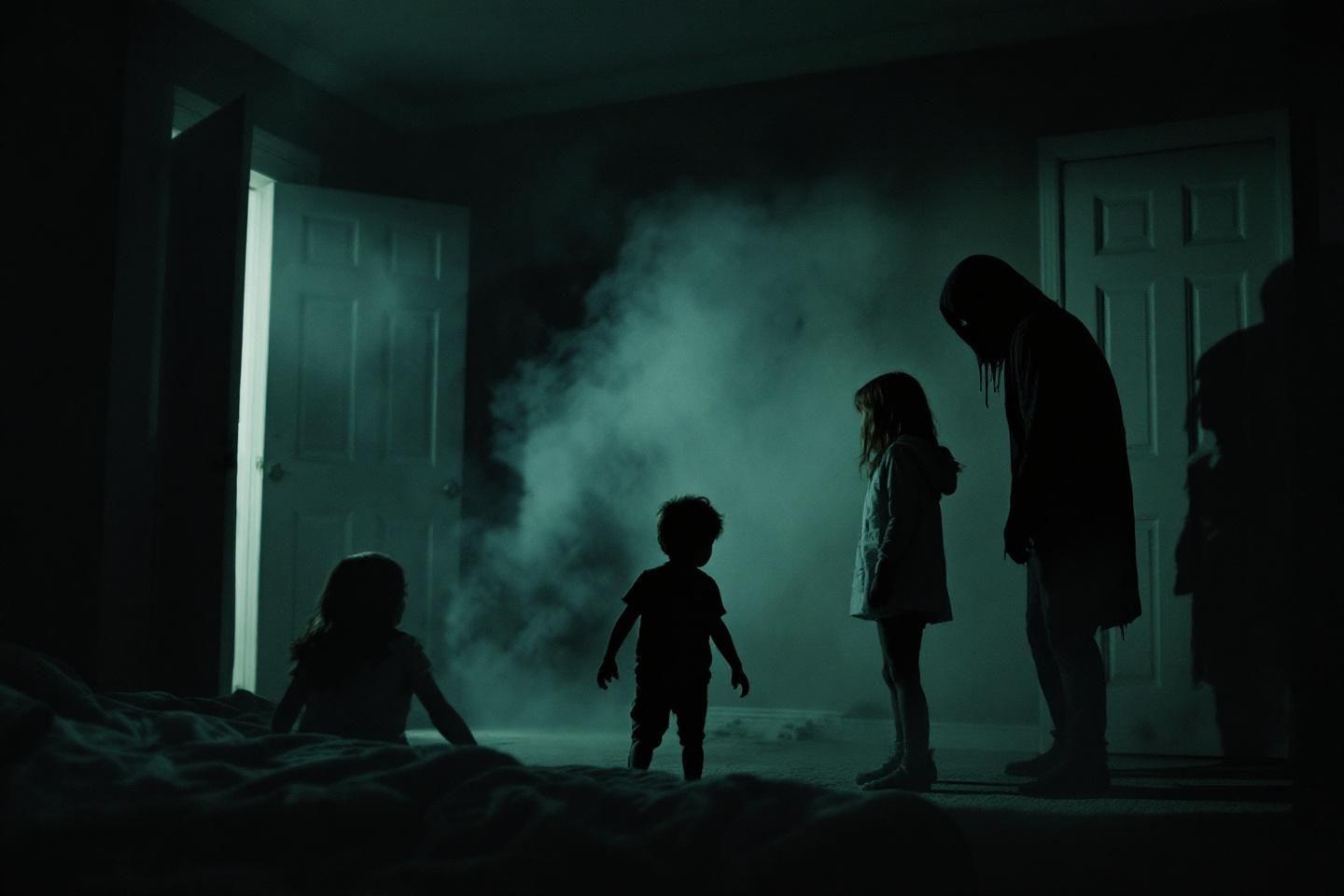 Scène sombre avec des silhouettes floues dans une atmosphère brumeuse