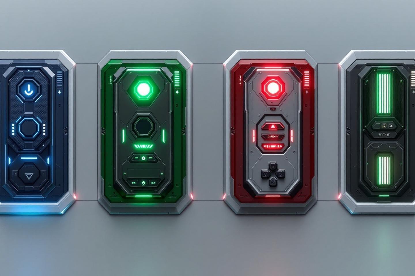 Quatre panneaux technologiques avec interfaces colorées et rétroéclairage