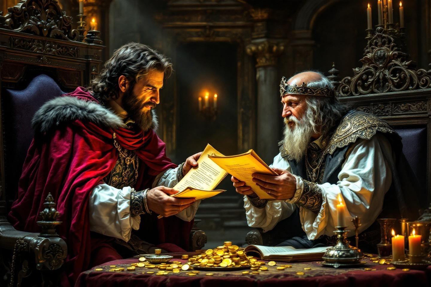 Deux nobles médiévaux échangeant un parchemin près de pièces d'or