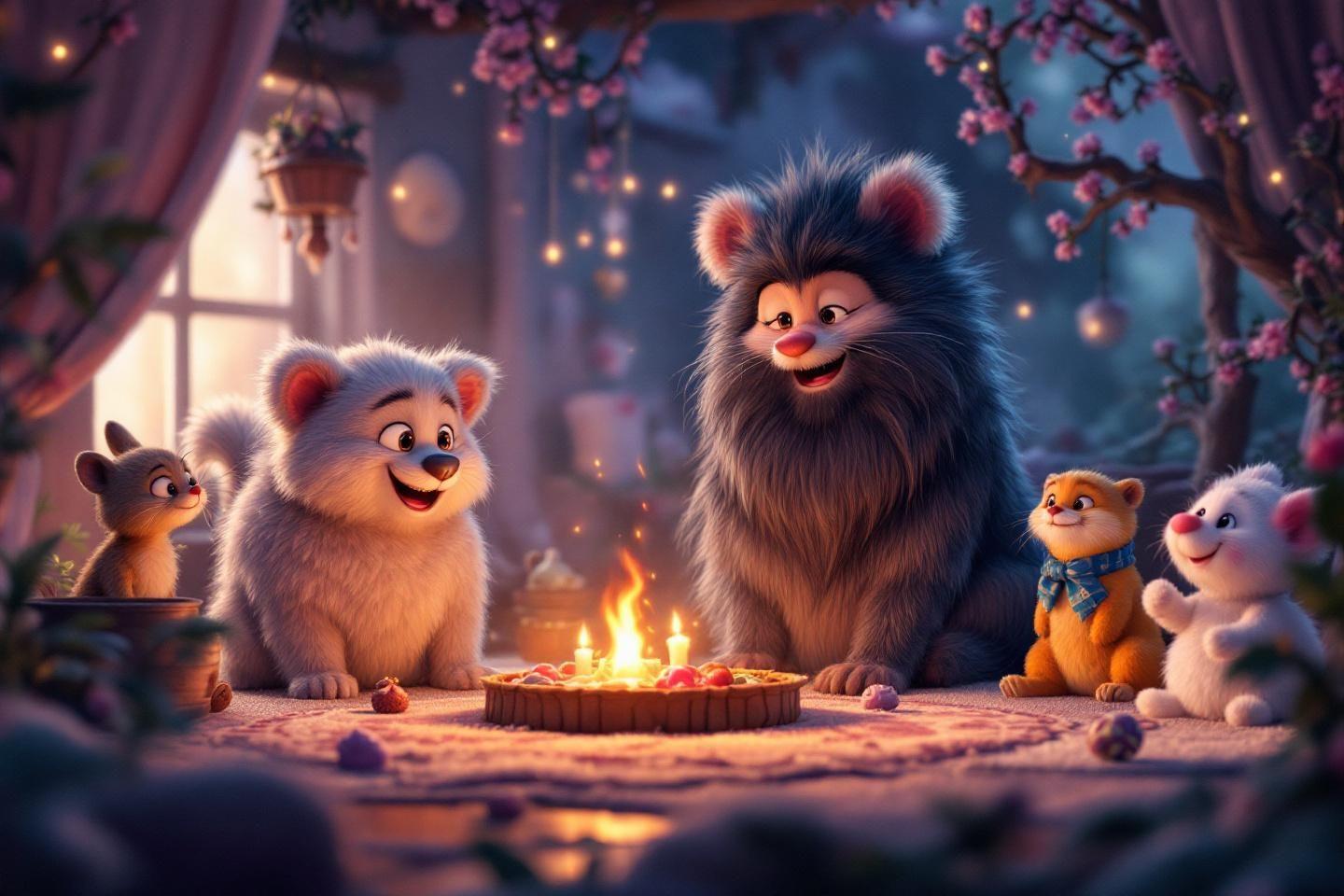 Mignons animaux souriants réunis près d'un gâteau enflammé