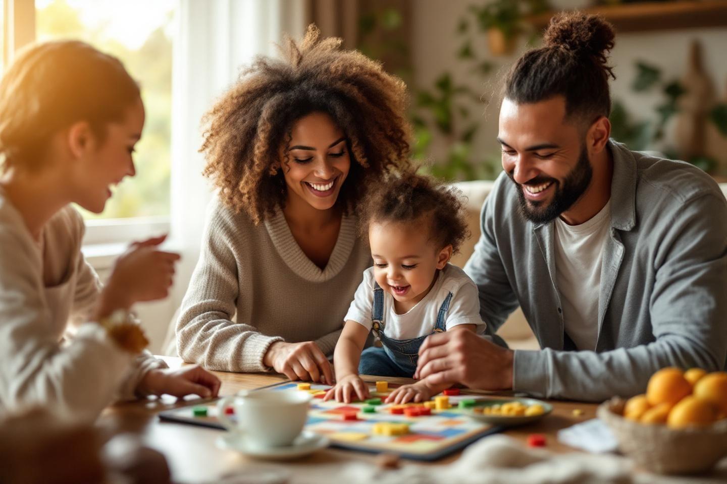 Parents et enfant souriant autour d'un jeu de société