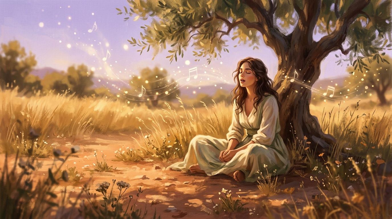 Femme chantant sous un arbre avec notes musicales dorées