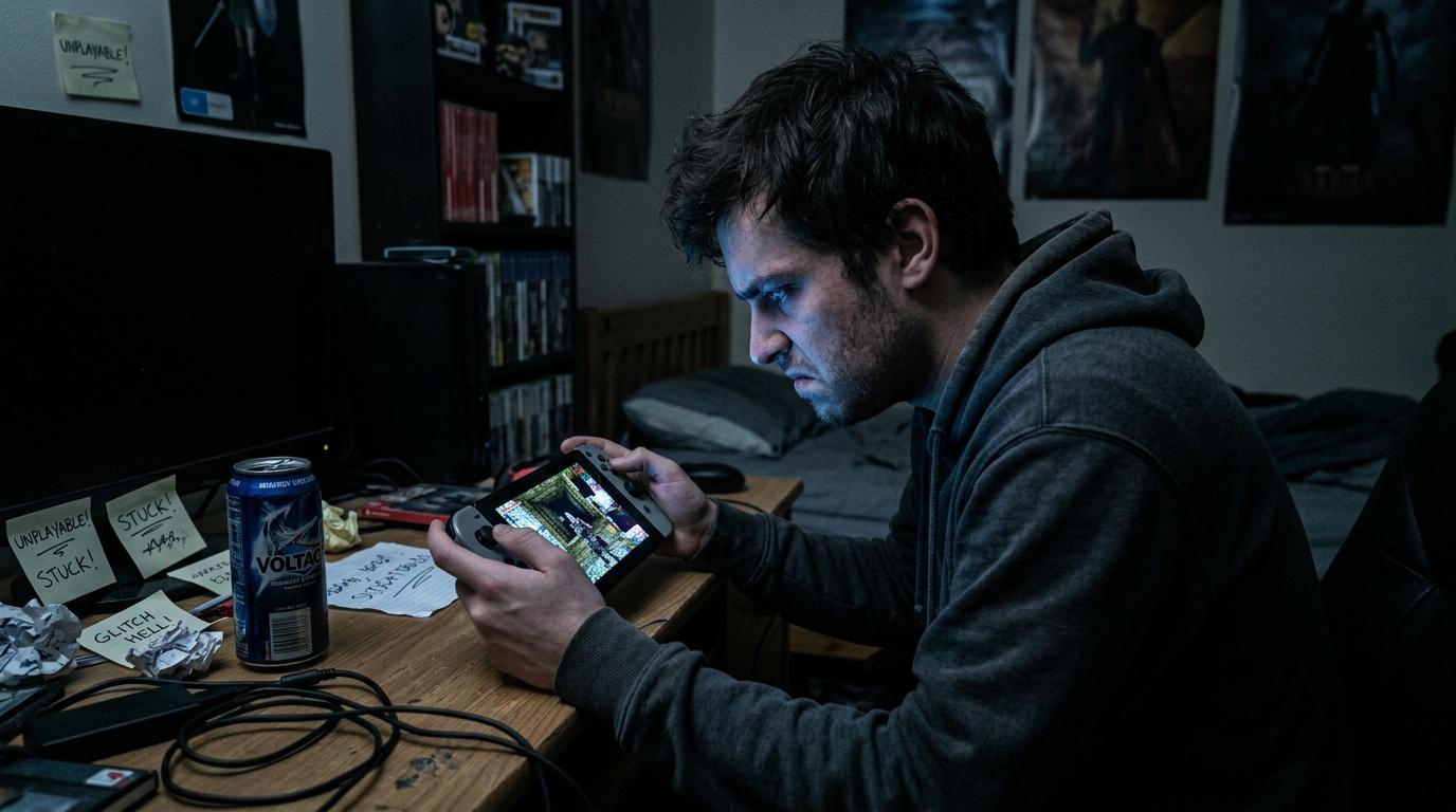 Homme jouant à la console dans une chambre sombre