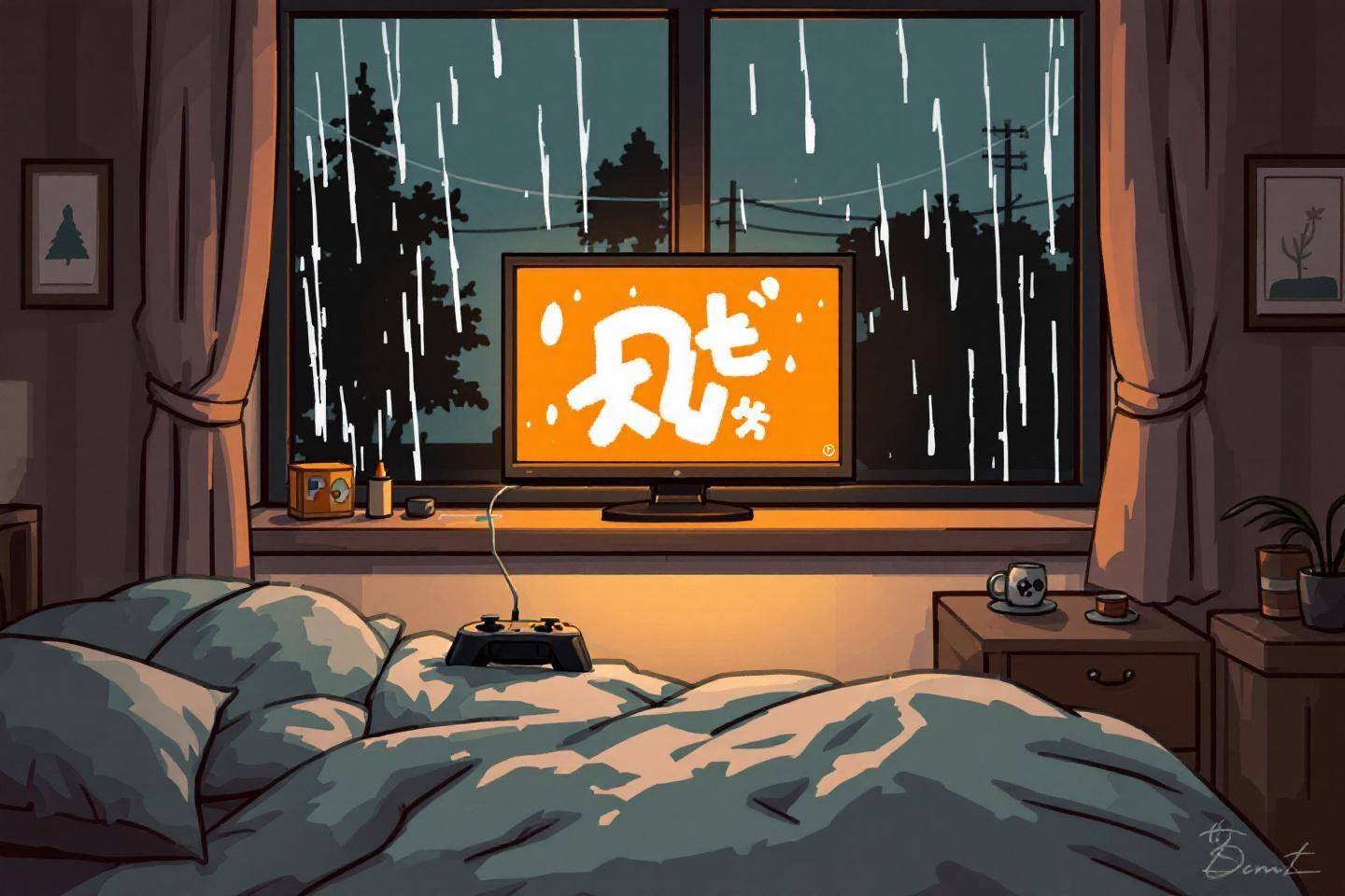 Chambre cosy, &eacute;cran orange, pluie &agrave; la fen&ecirc;tre