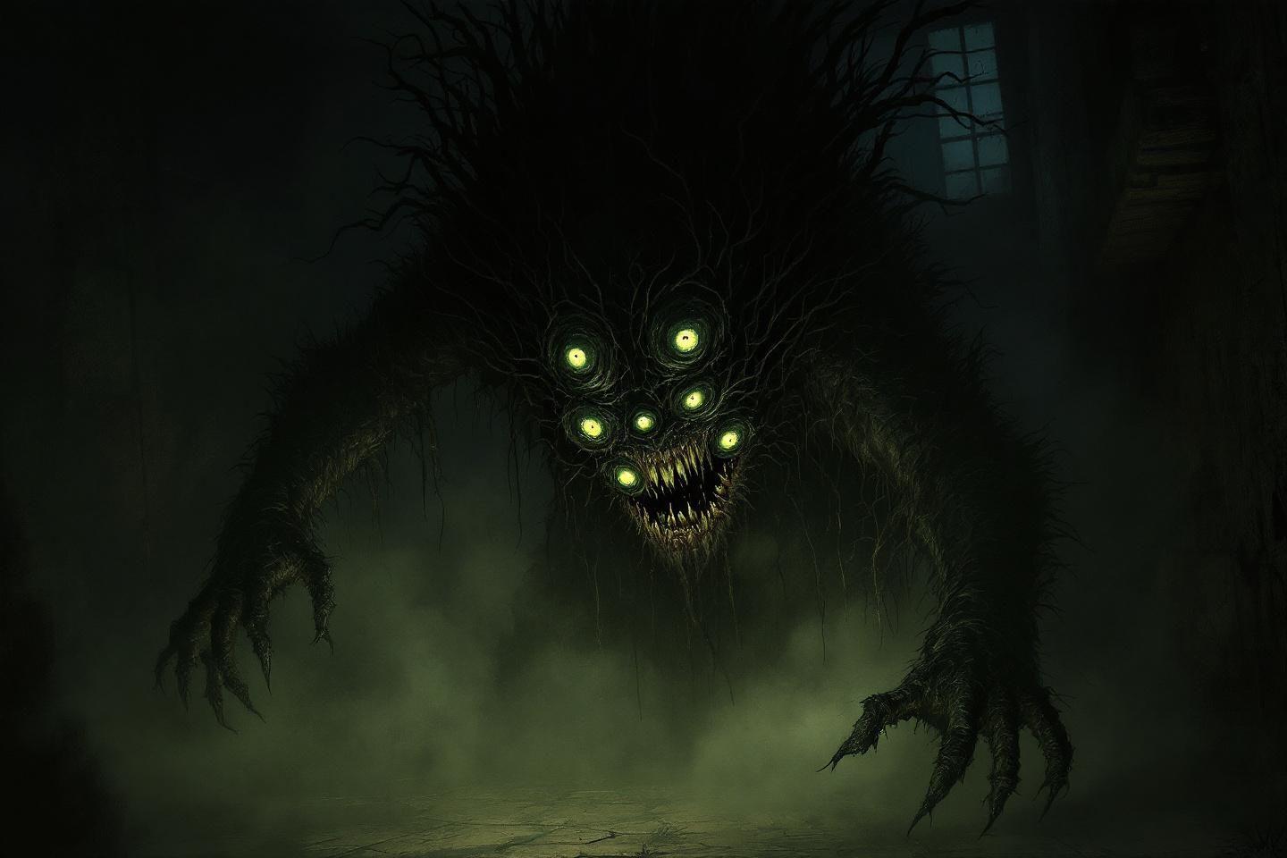 Monstre effrayant aux yeux verts dans une atmosphère sombre et brumeuse