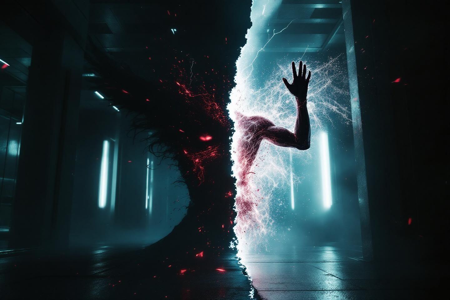 Forme humaine fragment&eacute;e dans un environnement futuriste et myst&eacute;rieux