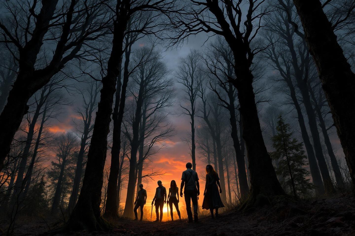 Cinq personnes marchant dans une for&ecirc;t sombre au coucher du soleil