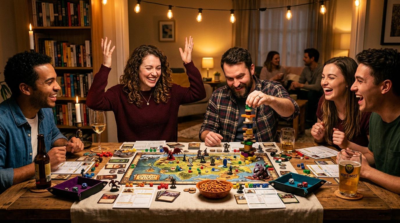Groupe de amis riant autour d'un jeu de plateau