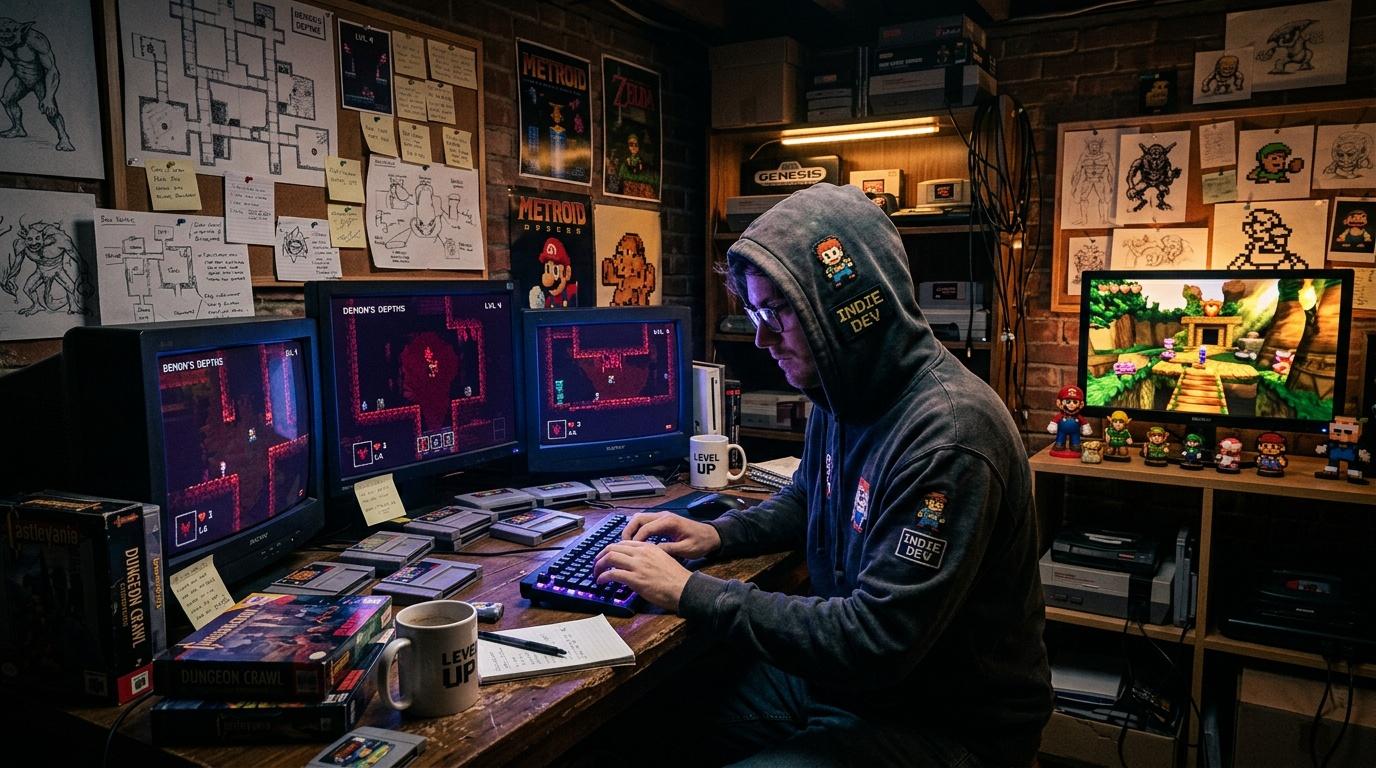 Développeur jouant à des jeux rétro dans son bureau gaming décorée