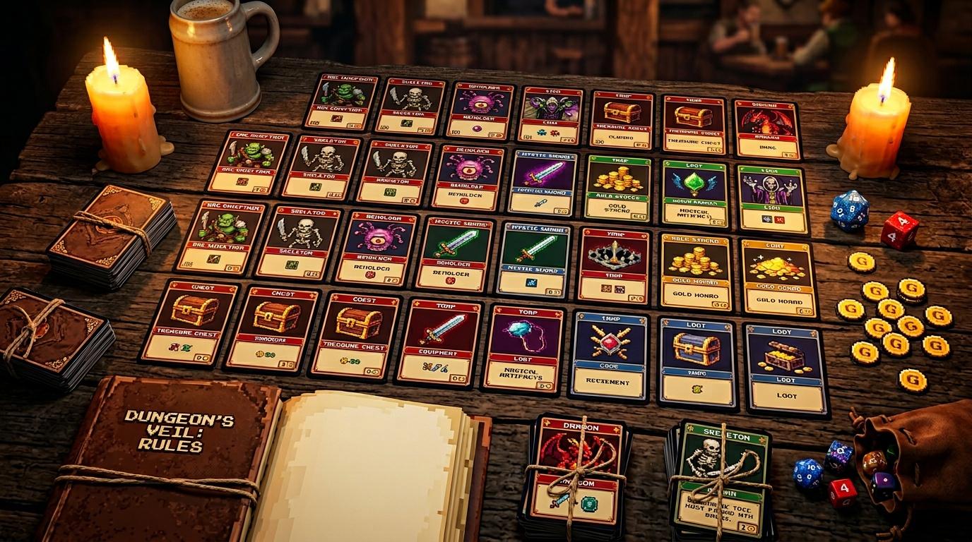 Table avec cartes, dés, pièces d'or et règles de jeu fantasy