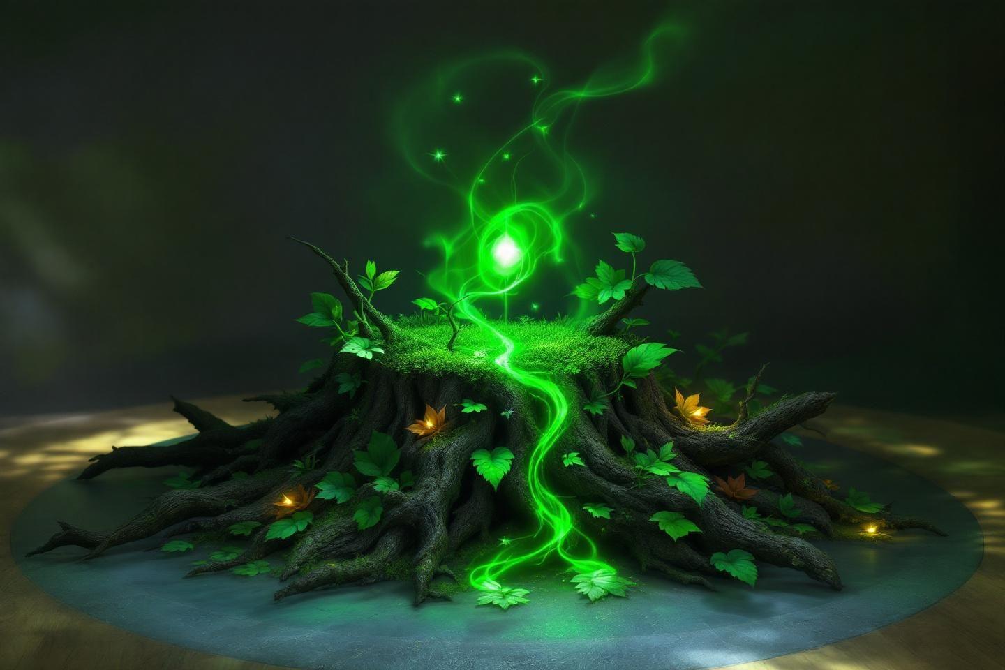 Souche d'arbre illumin&eacute;e par une lueur verte magique