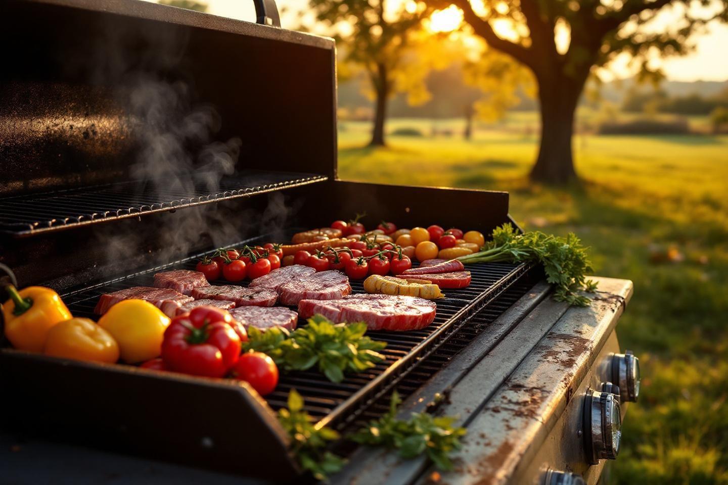Viande et l&eacute;gumes grillant sur un barbecue en plein air