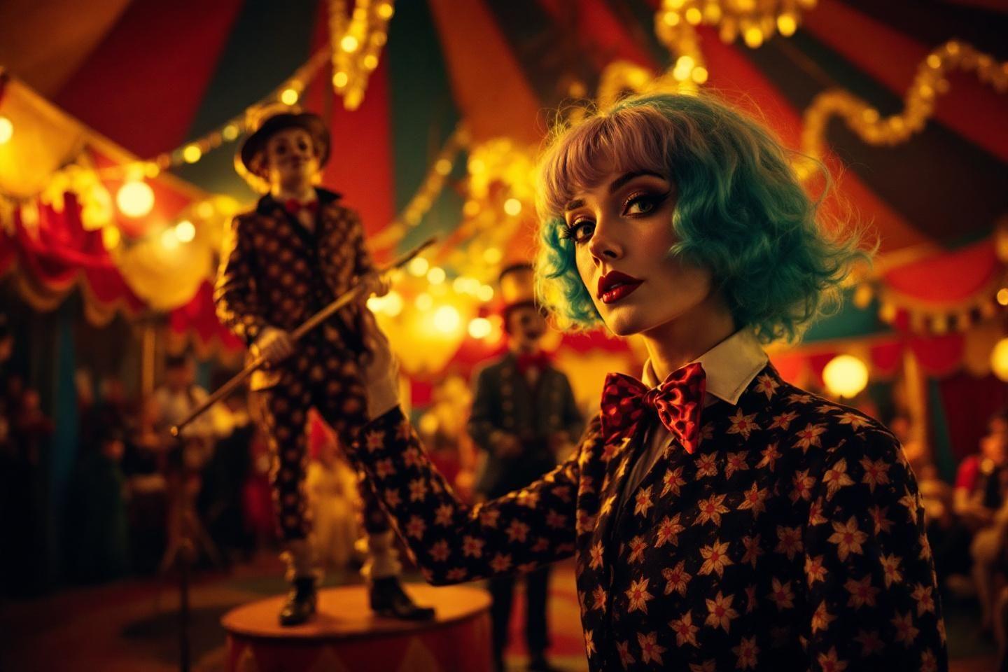 Femme aux cheveux verts dans un décor de cirque mystérieux