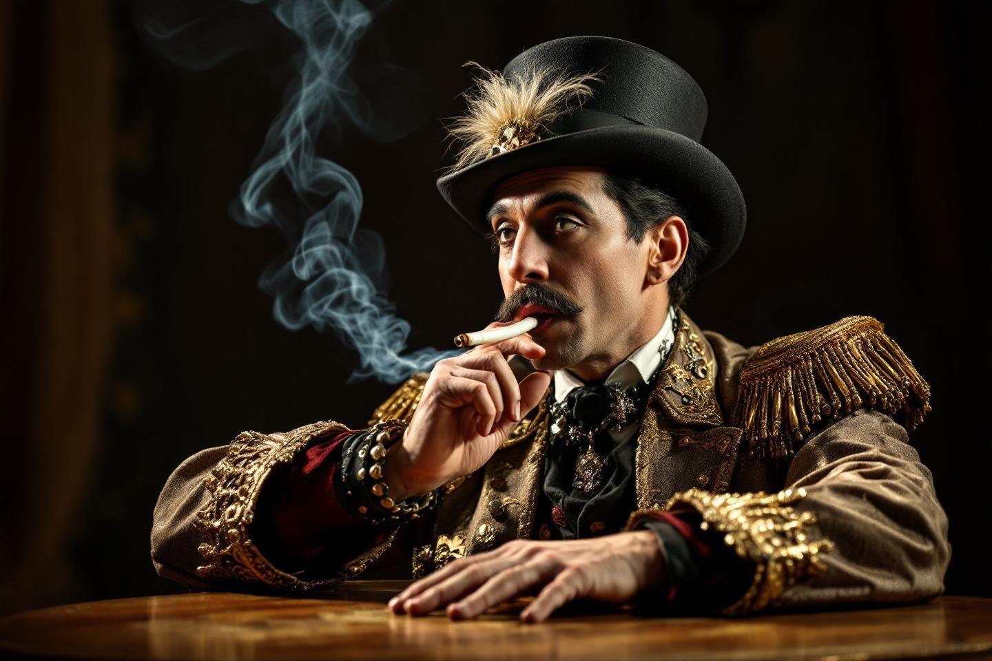 Homme en costume vintage avec chapeau, fumant une cigarette