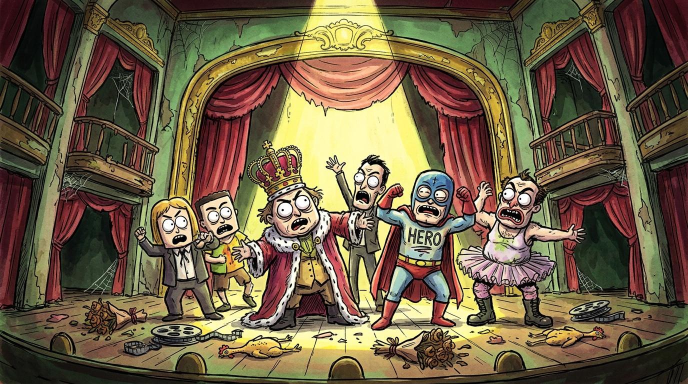 Personnages paniqués sur scène de théâtre en désordre