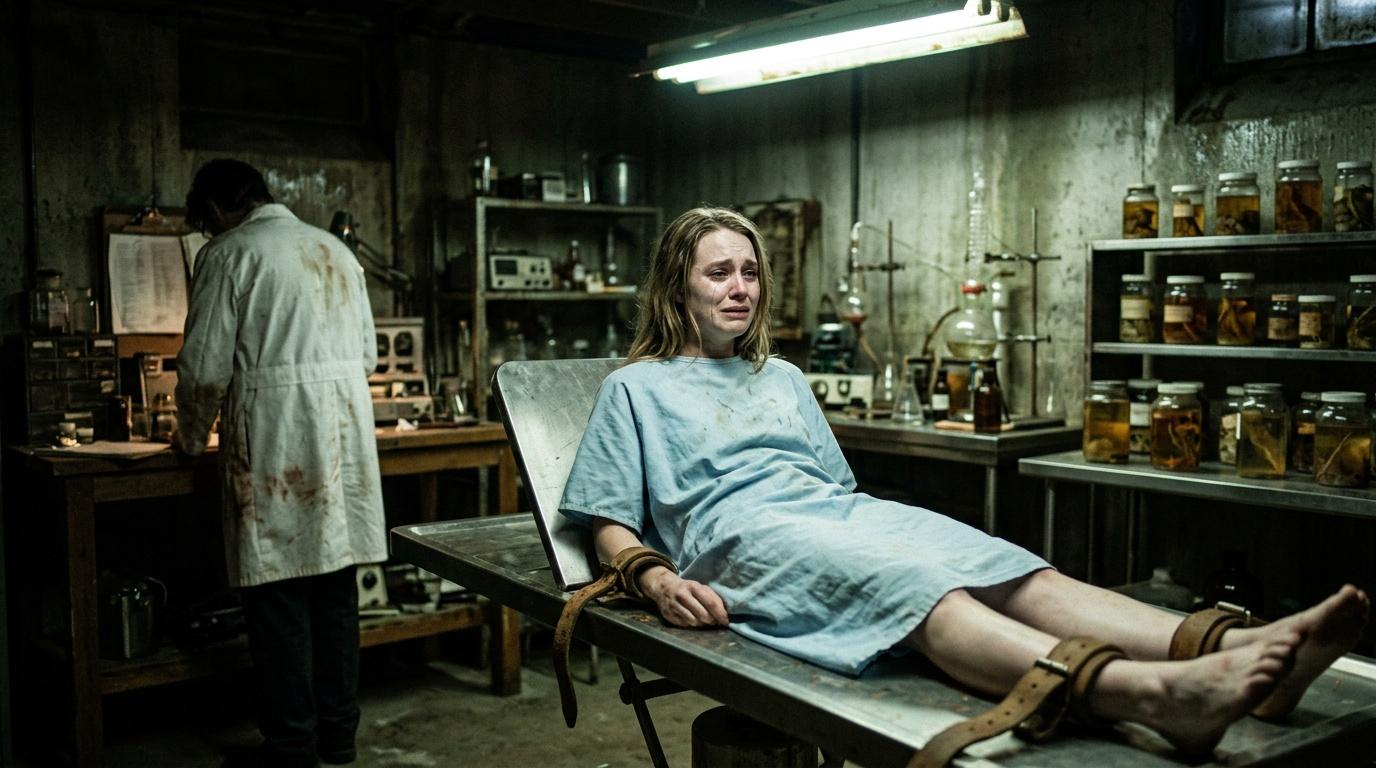 Femme allongée dans laboratoire souterrain avec scientifique travaillant