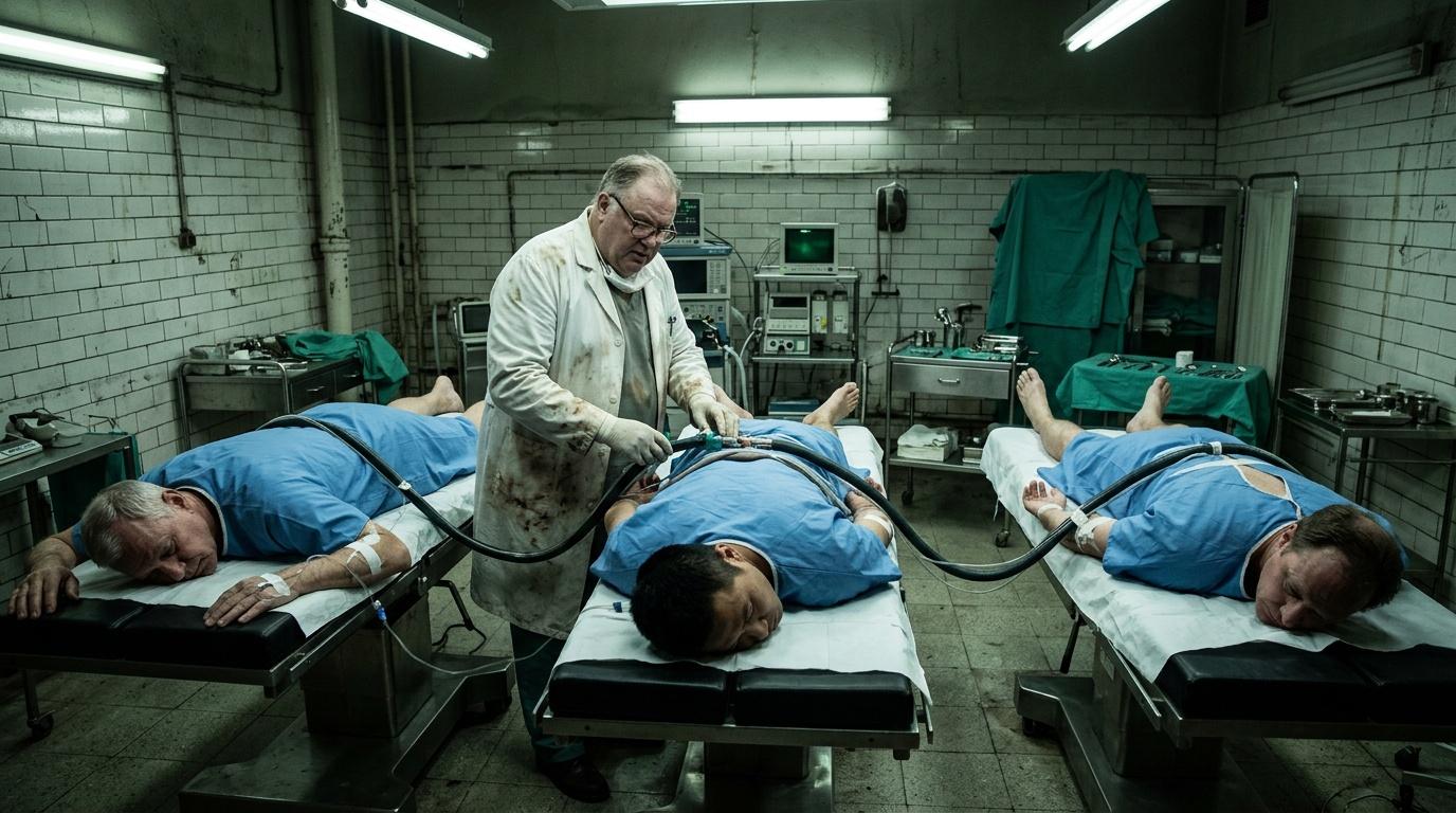 Médecin légiste examine trois corps dans une morgue