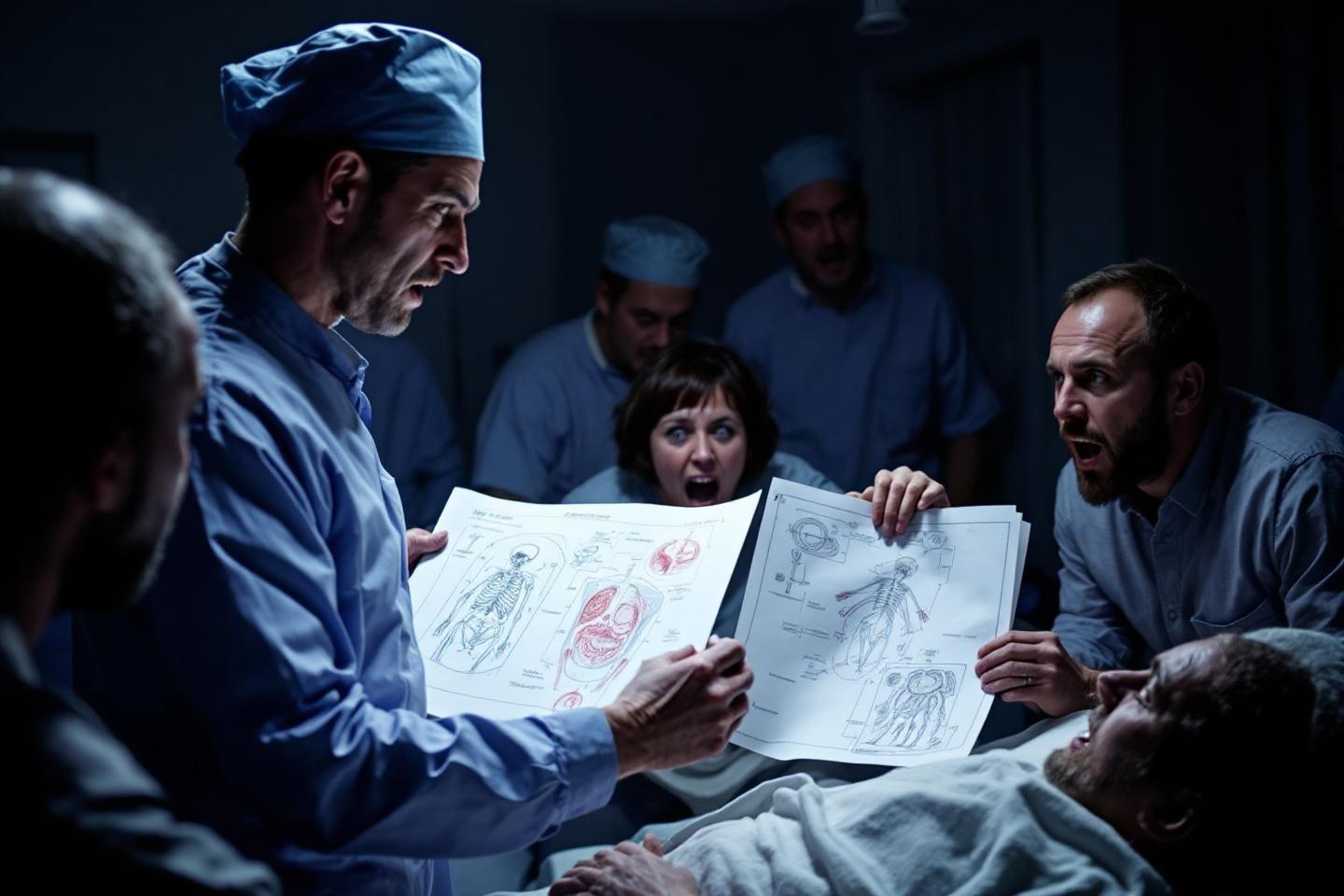 M&eacute;decins en bleu discutant autour de documents m&eacute;dicaux