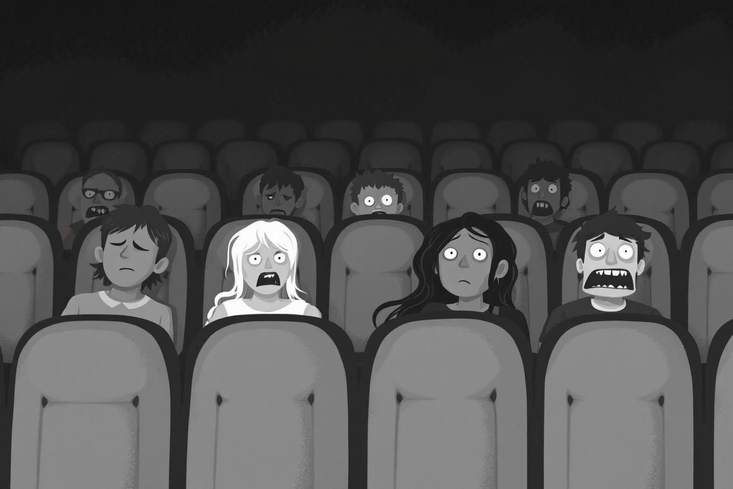 Personnages apeur&eacute;s assis dans des fauteuils de cin&eacute;ma sombres