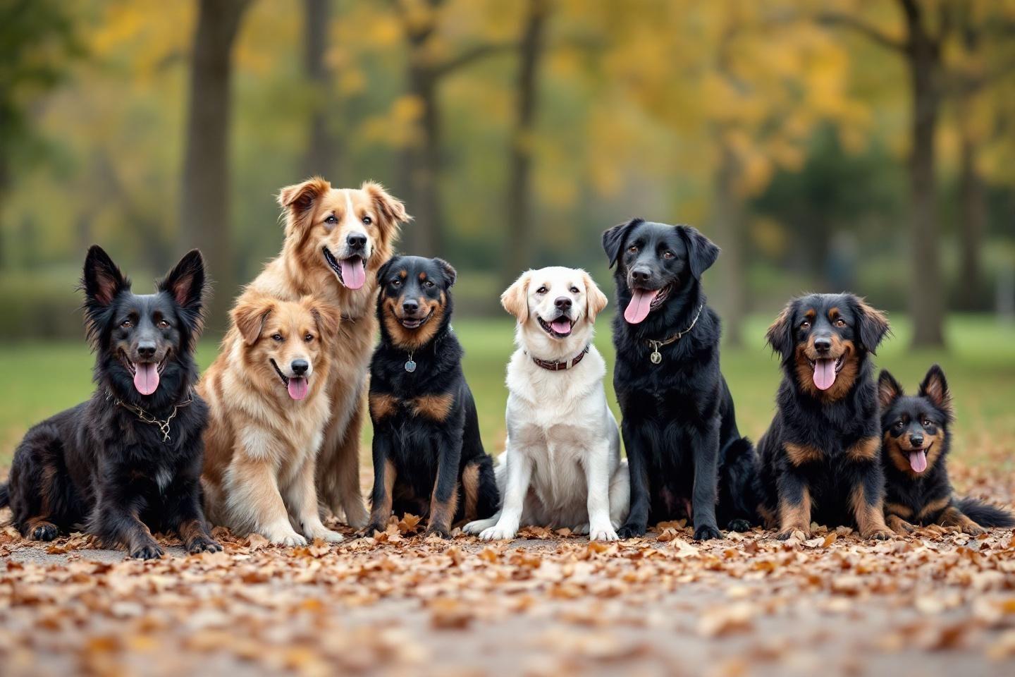 Huit chiens de diff&eacute;rentes races posant ensemble en automne