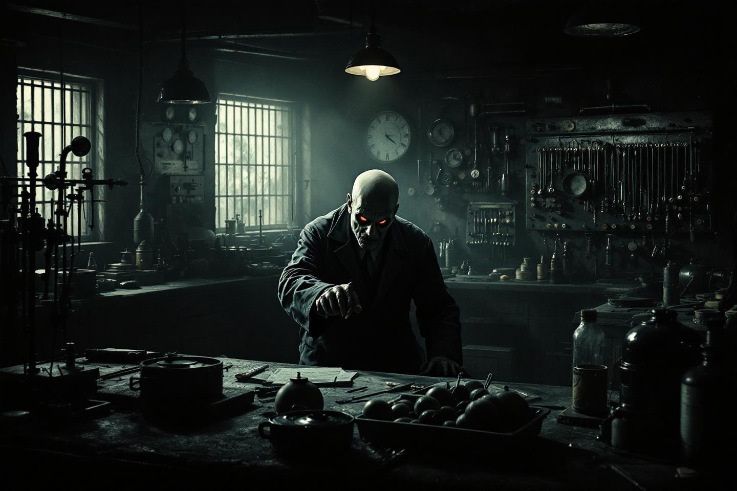 Figure sombre dans un laboratoire ancien avec des instruments mystérieux
