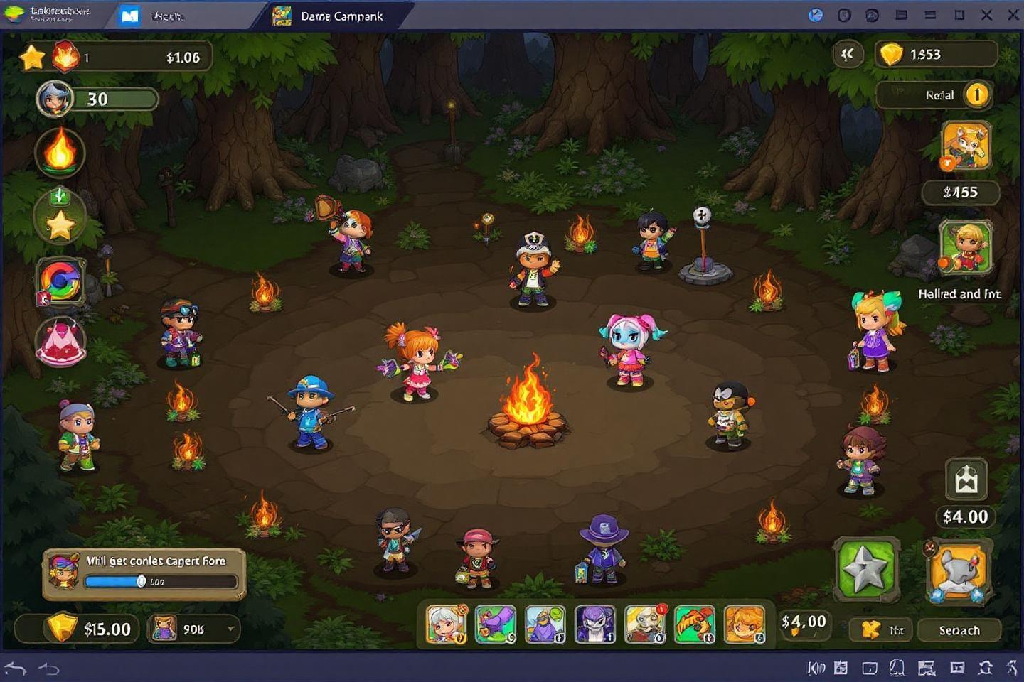 Personnages colorés autour d'un feu de camp dans un jeu vidéo