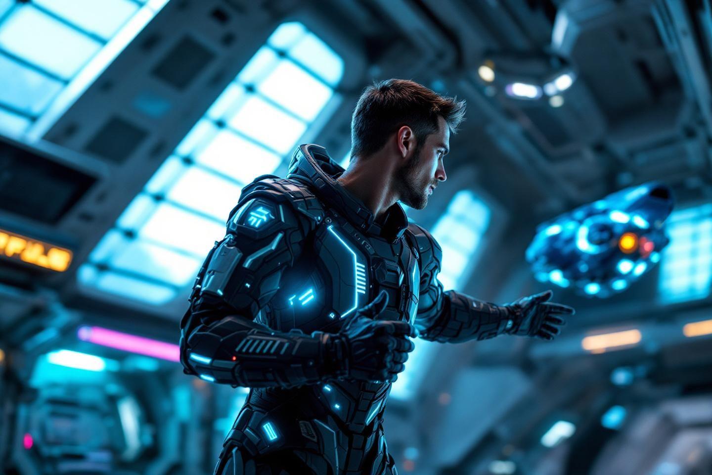 Homme en armure high-tech dans un environnement sci-fi bleu