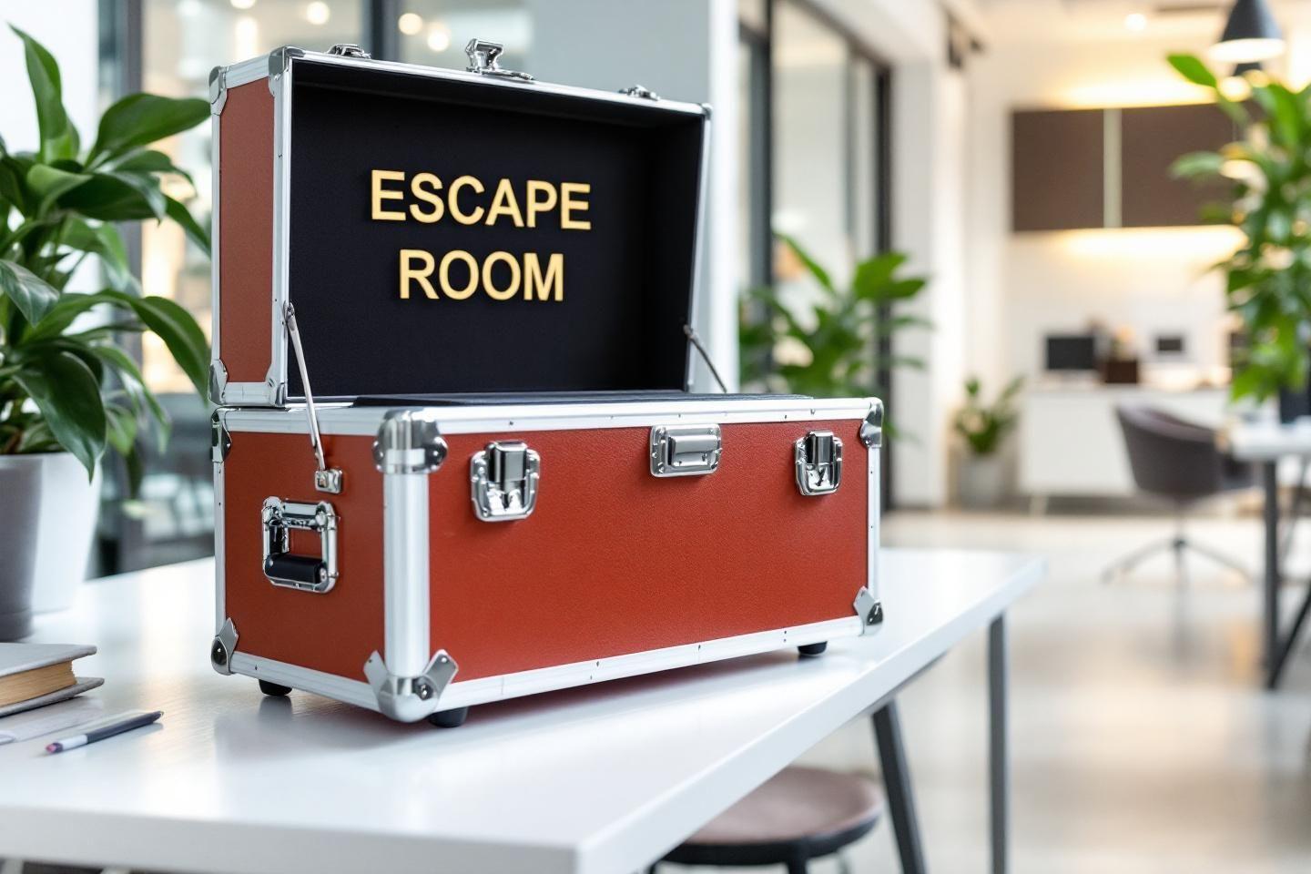 Coffre rouge m&eacute;tallique avec inscription Escape Room sur table