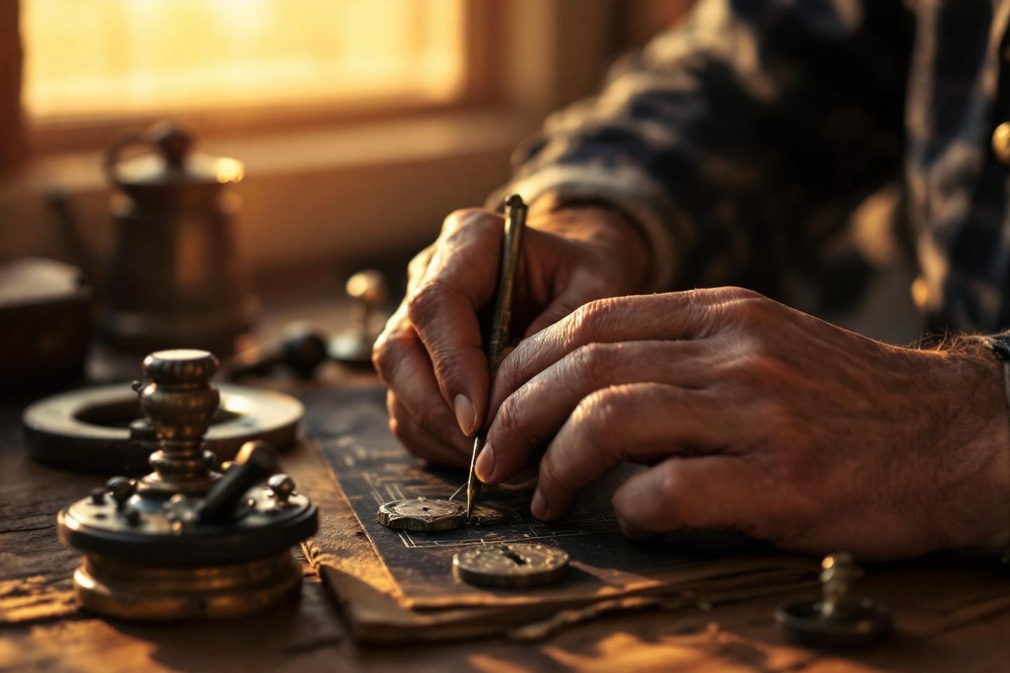 Mains d'artisan d&eacute;taillant soigneusement un objet m&eacute;tallique