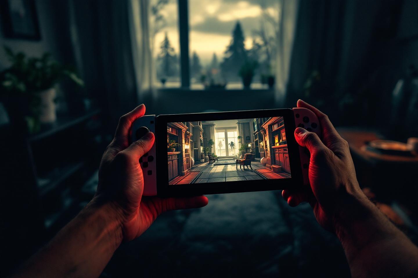 Mains tenant une console affichant un intérieur stylisé