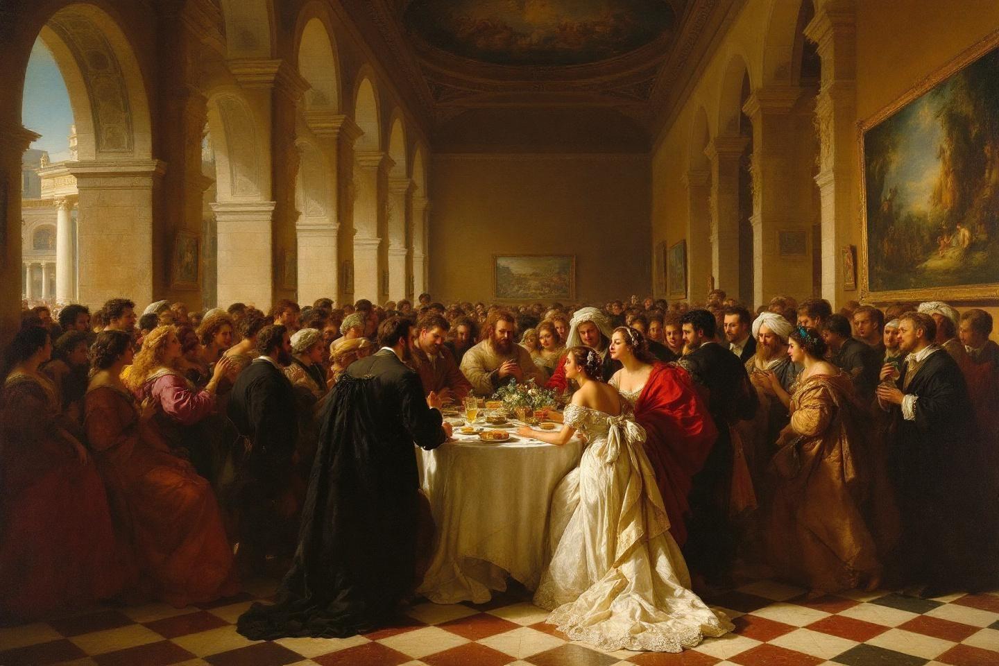 Grande salle avec invités autour d'une table de banquet