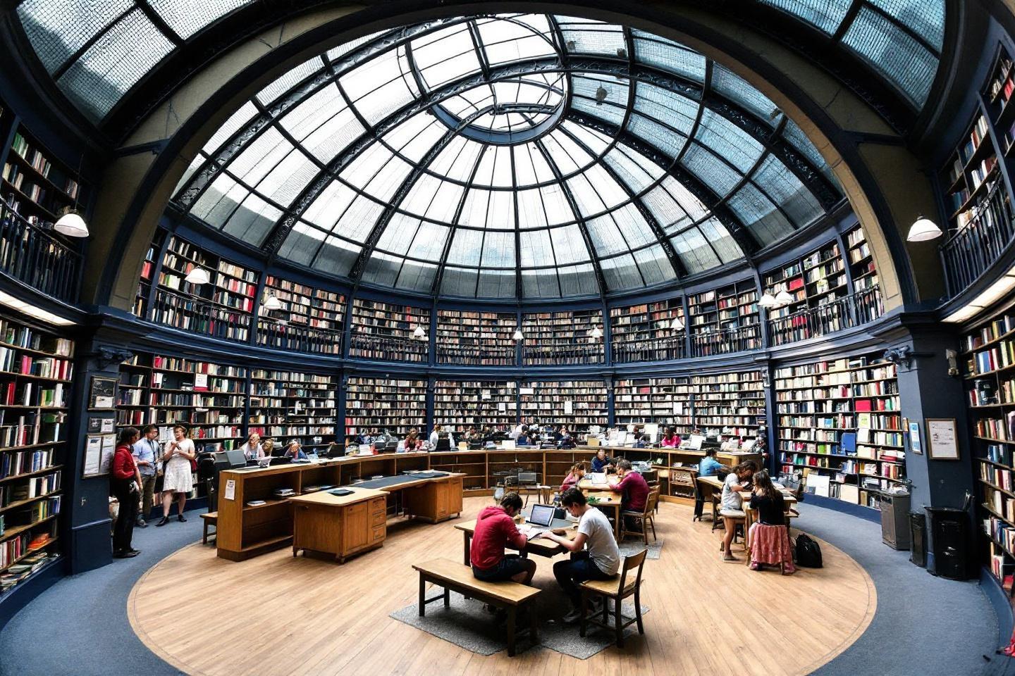Grande bibliothèque ronde avec étagères et lecteurs sous dôme lumineux