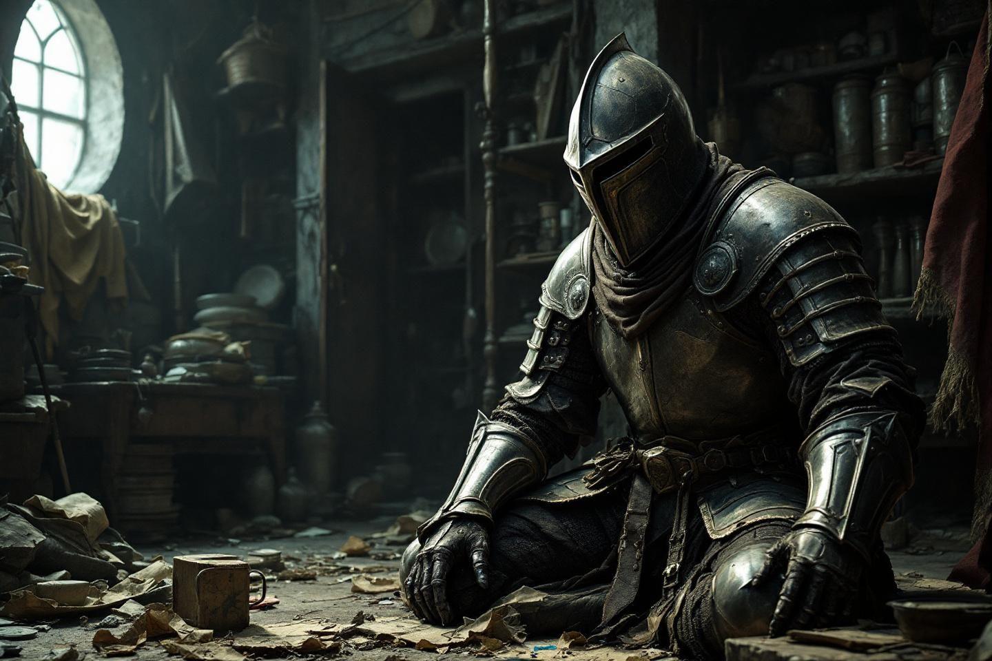 Armure médiévale gisant dans une pièce poussiéreuse abandonnée