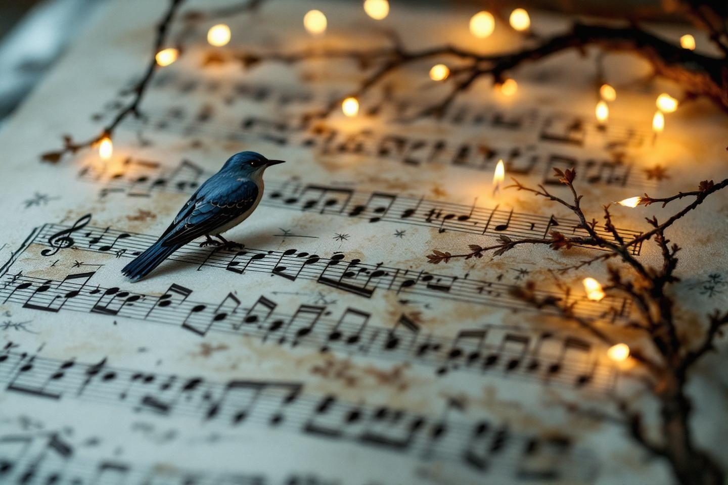 Oiseau bleu sur partition de musique illuminée par des lumières douces