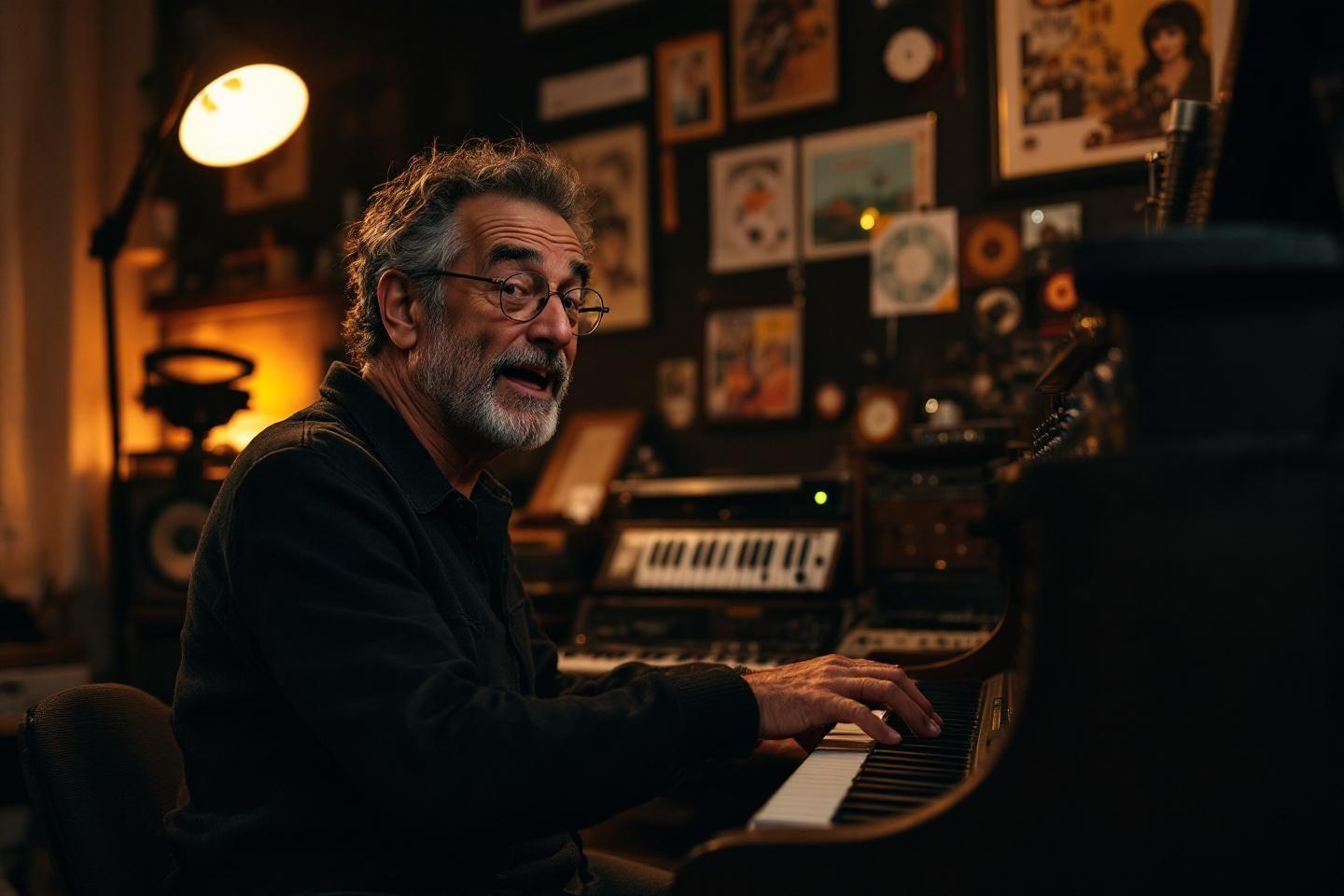 Homme âgé jouant du piano dans un studio musical