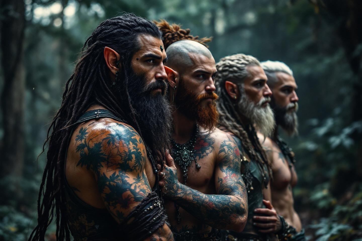 Quatre hommes tatoués avec dreadlocks dans un environnement forestier