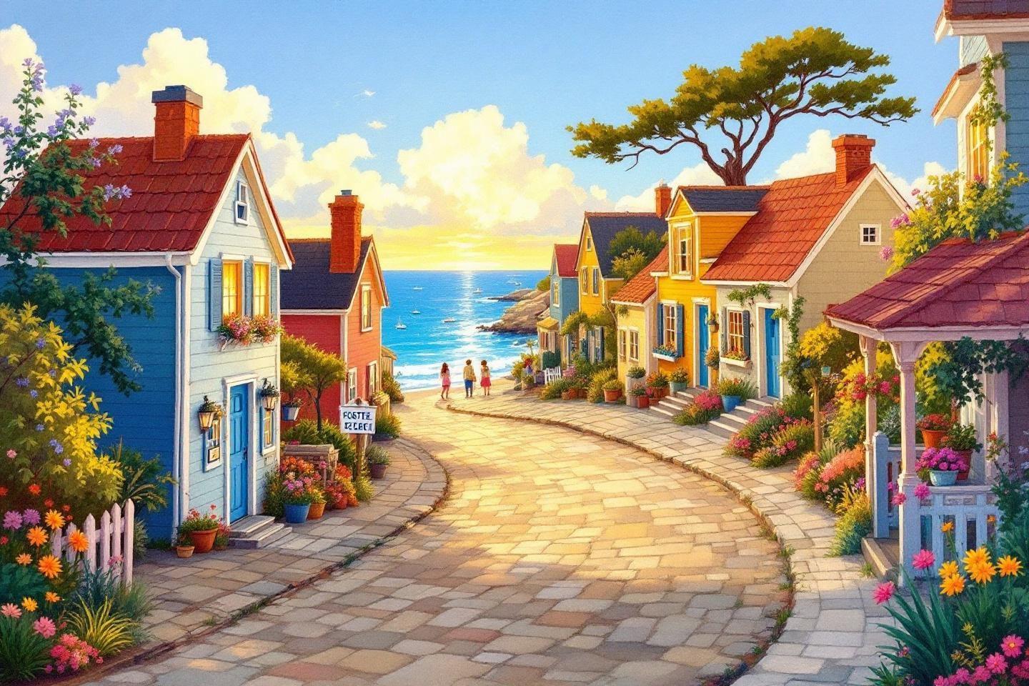 Rue pittoresque bordée de maisons colorées donnant sur la mer
