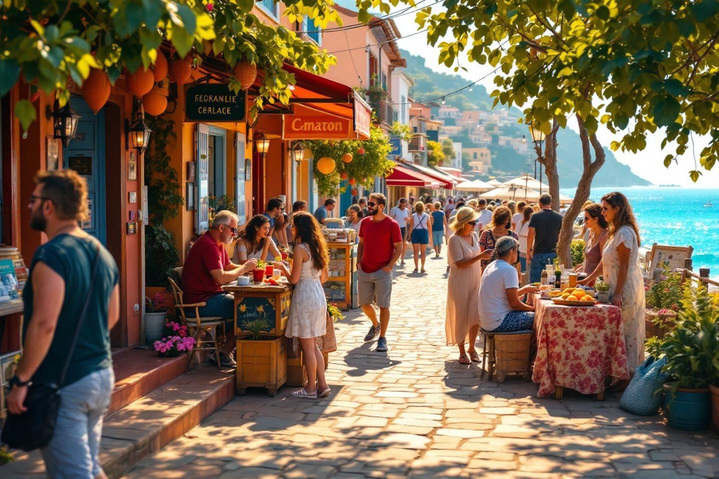 Rue animée méditerranéenne avec restaurants et vue sur mer