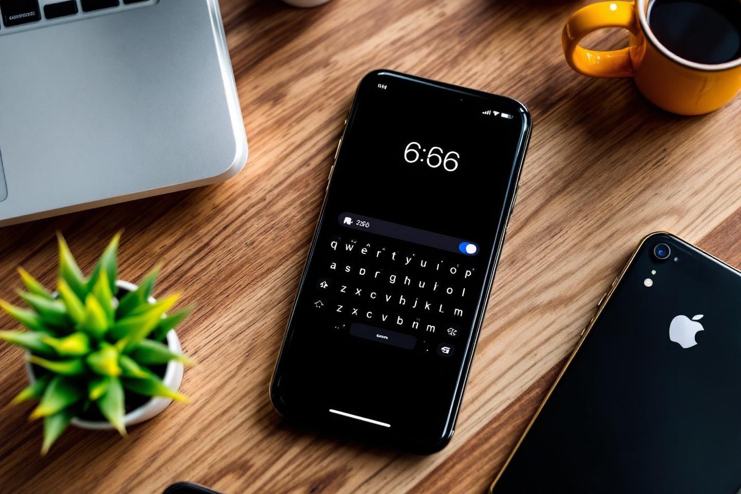 Écran d'iPhone affichant 6:66, clavier ouvert, bureau en bois