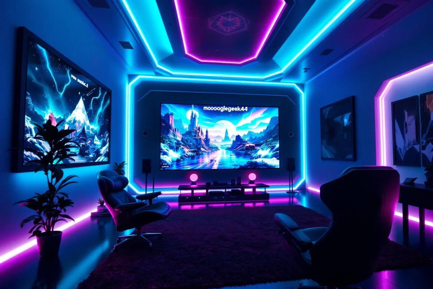 Salon high-tech avec écran géant et éclairage bleu violet