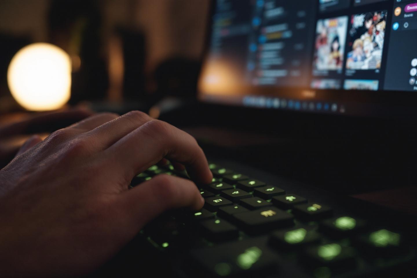 Main sur clavier rétroéclairé vert devant un écran sombre